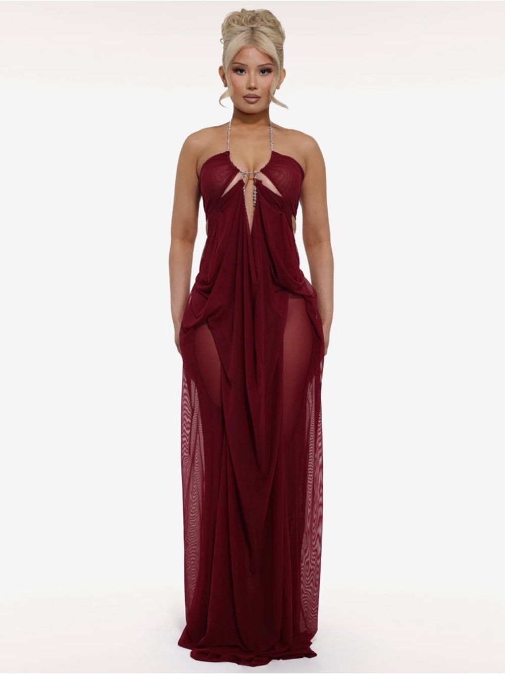 Rhinestone Halter Burgundy Maxi Gown